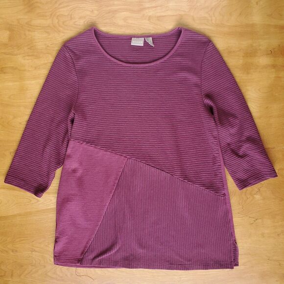 Chicos Tunic Top Size 2 US L Burgundy Ribbed Knit Stripe Round Neck 3/4 Sleeve - Picture 1 of 7